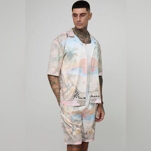 Tall Oversized Half Sleeve Palm Tree Printed Satin‎ Shirt & Short Set